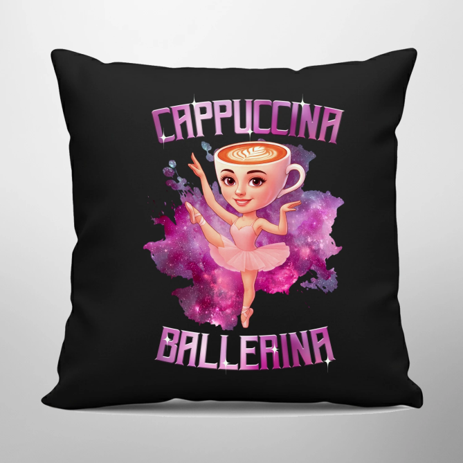 Ballerina Cappuccina - Italian Brainrot - černý polštář s potiskem