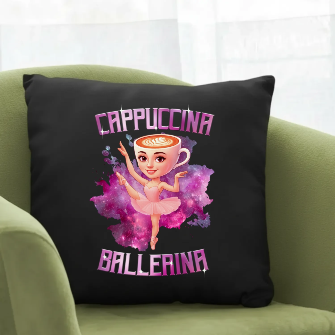 Ballerina Cappuccina - Italian Brainrot - černý polštář s potiskem
