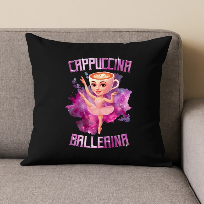 Ballerina Cappuccina - Italian Brainrot - černý polštář s potiskem