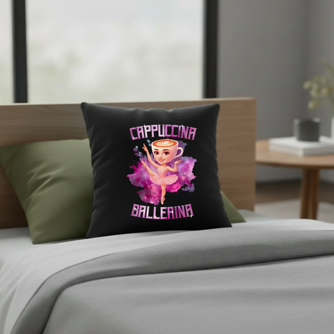 Ballerina Cappuccina - Italian Brainrot - černý polštář s potiskem