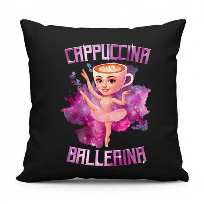 Ballerina Cappuccina - Italian Brainrot - černý polštář s potiskem