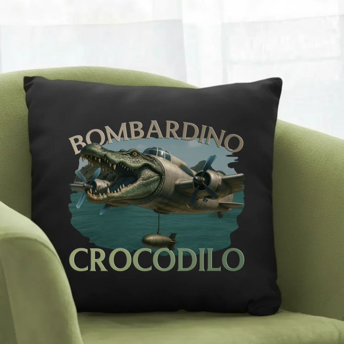 Bombardino Crocodilo - Italian Brainrot - černý polštář s potiskem