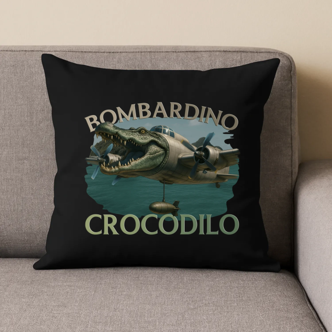 Bombardino Crocodilo - Italian Brainrot - černý polštář s potiskem