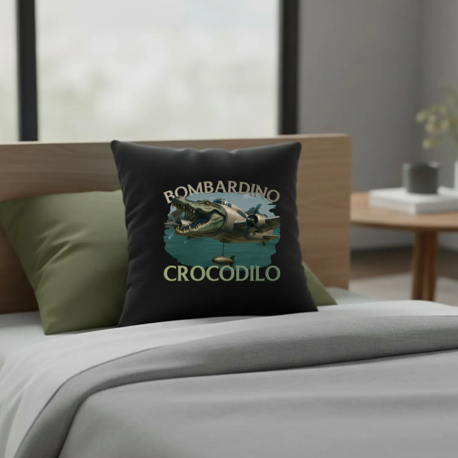 Bombardino Crocodilo - Italian Brainrot - černý polštář s potiskem