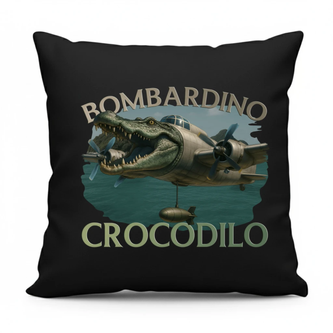 Bombardino Crocodilo - Italian Brainrot - černý polštář s potiskem